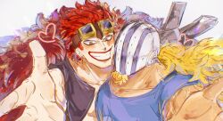 Rule 34 | 2boys, ame ekai, bara, beckoning, blonde hair, cheek-to-cheek, dark-skinned male, dark skin, eustass kid, facial hair, facial hair through mask, goatee, goggles, goggles on head, grin, heads together, heart, highres, hockey mask, killer (one piece), large pectorals, long hair, looking at viewer, male focus, mask, multiple boys, muscular, muscular male, one piece, outstretched arms, pectorals, reaching, reaching towards viewer, smile, upper body, very long hair, wavy hair, yaoi