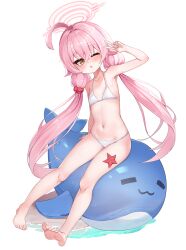 Rule 34 | 1girl, 2drr, ahoge, arm up, armpits, barefoot, bikini, blue archive, blush, breasts, brown eyes, feet, halo, highres, hoshino (blue archive), hoshino (swimsuit) (blue archive), inflatable toy, inflatable whale, legs, long hair, looking at viewer, low twintails, navel, one eye closed, open mouth, pink hair, sitting, small breasts, soles, solo, starfish, stomach, swimsuit, thighs, toes, twintails, v, very long hair, white bikini