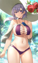 Rule 34 | 1girl, absurdres, areola slip, azur lane, bare shoulders, bikini, breasts, cameltoe, choker, cleavage, cross-laced bikini, cross-laced bikini top, cross-laced clothes, earrings, flower, hair between eyes, hat, hat flower, highres, jewelry, large breasts, large hat, long hair, looking at viewer, motono (sakamotono), navel, outdoors, palm tree, ponytail, purple bikini, purple eyes, reno (azur lane), reno (summer spin-off) (azur lane), sideboob, skindentation, smile, solo, sun hat, sunlight, swimsuit, tree