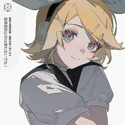 Rule 34 | 1girl, belt, belt buckle, belt collar, black hairband, black sailor collar, blonde hair, blue eyes, bow, buckle, closed mouth, collar, collared shirt, commentary, crossed arms, dated, ensoleillee, eyelashes, hair bow, hair ornament, hairband, hairclip, highres, kagamine rin, light blush, looking at viewer, puffy short sleeves, puffy sleeves, sailor collar, shirt, short hair, short sleeves, simple background, smile, solo, symbol-only commentary, translation request, upper body, vocaloid, white background, white belt, white bow, white headphones, white shirt, x hair ornament
