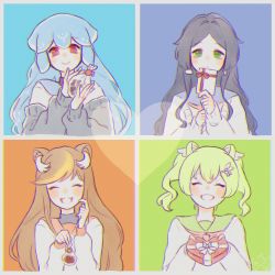 Rule 34 | 4girls, ^ ^, absurdres, animal ears, asahina chie, bao (vtuber), black hair, blue hair, blush, box, brown hair, closed eyes, commentary, english commentary, closed eyes, fubkzm, green eyes, green hair, grey sweater, hazumi aileen, heart, heart-shaped box, highres, holding, holding box, ichika maia, indie virtual youtuber, lion ears, lion girl, long hair, multiple girls, neckerchief, off shoulder, pink neckerchief, red eyes, school uniform, serafuku, sweater, twintails, virtual youtuber