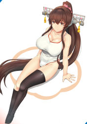 Rule 34 | 10s, 1girl, absurdly long hair, alternate costume, asymmetrical legwear, black socks, breasts, brown hair, cherry blossoms, chiyo goya, cleavage, collarbone, commentary, competition swimsuit, flower, full body, hair flower, hair ornament, headgear, highres, kantai collection, kneehighs, large breasts, legs, long hair, long legs, looking at viewer, one-piece swimsuit, ponytail, simple background, single kneehigh, single sock, single thighhigh, sitting, smile, socks, solo, swimsuit, thighhighs, thighs, uneven legwear, very long hair, white background, white one-piece swimsuit, yamato (kancolle)