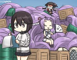 Rule 34 | 10s, 3girls, absurdly long hair, box, clipboard, crate, dated, drum (container), elbow gloves, hand fan, flying sweatdrops, gloves, hair intakes, hair ornament, hamu koutarou, hatsuharu (kancolle), hayasui (kancolle), holding, holding fan, jacket, kantai collection, long hair, mask, multiple girls, ponytail, purple hair, remodel (kantai collection), scarf, sendai (kancolle), short hair, skirt, sleeveless, smile, steel ingot, track jacket, two side up, very long hair, white scarf, writing