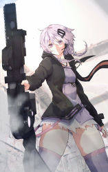 Rule 34 | 1girl, animal ears, belt, black jacket, building, chainsaw, closed mouth, commentary, cowboy shot, dress, expressionless, from below, hair ornament, hair tubes, headset, highres, holding, holding weapon, hood, hooded jacket, jacket, lens flare, looking at viewer, purple dress, purple eyes, purple hair, purple thighhighs, rabbit ears, shigure1213, short hair with long locks, sidelocks, skindentation, solo, thick thighs, thighhighs, thighs, vocaloid, voiceroid, weapon, yuzuki yukari