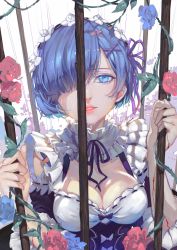 Rule 34 | 10s, 1girl, absurdres, arm garter, blood, blue eyes, blue flower, blue hair, blue rose, blush, bow, breasts, budinger, cage, cleavage, detached sleeves, dripping, eyelashes, flower, frills, from above, hair ornament, hair over one eye, hair ribbon, hairband, hairclip, highres, holding, injury, looking at viewer, looking up, maid, matching hair/eyes, medium breasts, neck ribbon, one eye covered, parted lips, pink flower, pink rose, plant, purple ribbon, re:zero kara hajimeru isekai seikatsu, red lips, rem (re:zero), ribbon, rose, shade, short hair, solo, tears, thorns, upper body, vines, white background, x hair ornament