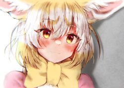 Rule 34 | 1girl, :3, animal ears, blonde hair, blush, bow, bowtie, commentary request, fennec (kemono friends), fox ears, fox girl, highres, kemono friends, mitorizu 02, multicolored hair, pink sweater, portrait, short hair, smile, solo, sweater, white hair, yellow eyes