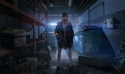 Rule 34 | 1girl, absurdres, black hair, box, cargo pallet, charm (object), dumpster, gas mask, gas tank, gloves, glowing, gun, hair ornament, hairclip, highres, holding, holding gun, holding weapon, indoors, jacket, jun (5455454541), light machine gun, long hair, looking at viewer, m249, machine gun, mask, open clothes, open jacket, orange eyes, pleated skirt, respirator, rifle, shelf, skirt, socks, solo, standing, tom clancy&#039;s the division, watch, weapon, white socks, wristwatch