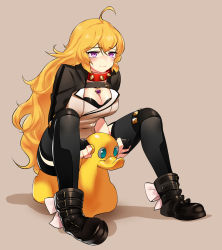 Rule 34 | 1girl, blonde hair, blush, breasts, cleavage, collar, highres, large breasts, long hair, ndgd, purple eyes, rwby, solo, tears, thighhighs, yang xiao long