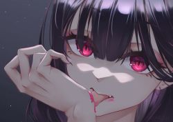 Rule 34 | 1girl, amarisuu, artist name, black hair, black nails, blunt bangs, commentary, earrings, english commentary, eyes visible through hair, fang, grey background, hair between eyes, hand up, highres, jewelry, licking, looking at viewer, nail polish, original, pink eyes, portrait, solo, vampire