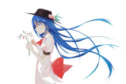 Rule 34 | 1girl, black hat, blouse, blue dress, blue hair, bow, dress, flower, flower request, food, from side, fruit, hat, hinanawi tenshi, large bow, long hair, peach, puffy short sleeves, puffy sleeves, red bow, red eyes, shirt, short sleeves, simple background, solo, standing, tetsurou (fe+), touhou, upper body, white background, white shirt, wind
