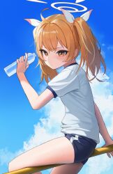 Rule 34 | 1girl, absurdres, black shorts, blonde hair, blue archive, blush, bottle, closed mouth, day, feet out of frame, gym shirt, gym shorts, gym uniform, hair ribbon, halo, highres, holding, holding bottle, long hair, momocadraw, outdoors, ribbon, shirt, short sleeves, shorts, solo, sweat, twintails, water bottle, white ribbon, white shirt, yellow eyes, yellow halo, yoshimi (blue archive)