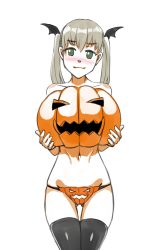 Rule 34 | 1girl, blonde hair, blush, closed mouth, green eyes, hair ornament, halloween, jack-o&#039;-lantern, long hair, looking at viewer, maka albarn, navel, panties, pubic cutout, pumpkin, simple background, smile, solo, soul eater, thighhighs, third-party source, topless, twintails, twrlare, underwear, white background