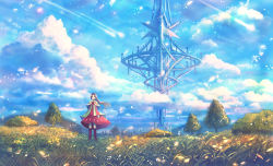 Rule 34 | 1girl, boots, brown hair, capelet, city, cloud, comet, commentary, dress, fantasy, field, grass, hill, knee boots, light particles, long hair, looking at viewer, original, sakimori (hououbds), scenery, sky, smile, tree, wind