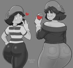 Rule 34 | 2girls, ass, beret, biting, black hair, black sweater, blush stickers, cup, denim, drinking glass, glass, glove biting, glove in mouth, glove pull, gloves, greyscale, hat, heart, highres, huge ass, jeans, jewelry, mime, monochrome, mouth hold, multiple girls, necklace, newtype hero, original, pants, pantyhose, red wine, shirt, short hair, smirk, striped clothes, striped shirt, sweater, thighs, white eyes, wine, wine glass
