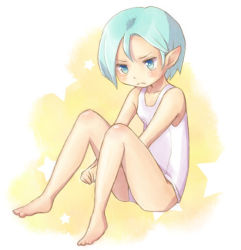 Rule 34 | 1girl, :&lt;, blue eyes, blue hair, blush, full body, grandia, grandia xtreme, image sample, inago (nagoiti), knees up, matching hair/eyes, one-piece swimsuit, pixiv sample, pointy ears, school swimsuit, short hair, sitting, solo, star (symbol), starry background, swimsuit, tito (grandia), white school swimsuit, white one-piece swimsuit, aged down