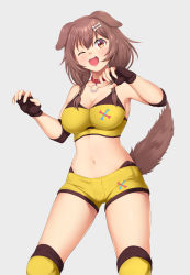 Rule 34 | 1girl, absurdres, adapted costume, animal ears, braid, breasts, brown eyes, brown hair, cleavage, collar, dog ears, dog girl, dog tail, elbow pads, fingerless gloves, gloves, highres, hololive, inugami korone, knee pads, large breasts, midriff, navel, one eye closed, shorts, solo, tail, twin braids, virtual youtuber, wink, wrestling outfit, yomitrooper