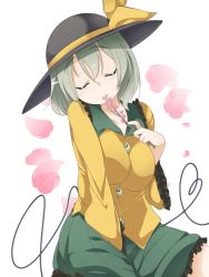 Rule 34 | 1girl, aki (akikaze asparagus), between legs, blush, branch, breasts, closed eyes, flower, green hair, hand between legs, hat, heart, heart of string, komeiji koishi, large breasts, long sleeves, open mouth, short hair, simple background, skirt, smile, solo, touhou, white background, wide sleeves
