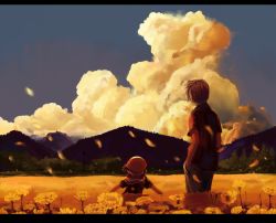 Rule 34 | 00s, 1boy, 1girl, clannad, cloud, father and daughter, field, flower, flower field, from behind, hands in pockets, landscape, letterboxed, mountain, okazaki tomoya, okazaki ushio, petals, pixiv (230434), relax (artist), scenery