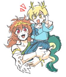 Rule 34 | 2girls, aged down, antlers, blonde hair, blue shirt, blush, brown hair, carrying, carrying person, child, child carry, circlet, detached sleeves, dragon girl, dragon horns, dragon tail, dress, green dress, horns, kicchou yachie, long hair, long sleeves, multiple girls, open mouth, pointing, re ghotion, red eyes, shirt, short hair, single-shoulder dress, single detached sleeve, single strap, skirt, smile, son biten, sweatdrop, tail, touhou, turtle shell, white sleeves, yellow eyes, yellow horns