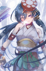 Rule 34 | bell, black hair, fate/grand order, fate (series), hair bell, hair ornament, heterochromia, katana, long hair, low twintails, mochizuki chiyome (fate), mochizuki chiyome (third ascension) (fate), orange eyes, purple eyes, rope, shimenawa, smile, snake tattoo, solo, sword, tattoo, twintails, weapon