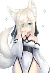 Rule 34 | 1girl, :o, animal ears, bare shoulders, blue eyes, breasts, collarbone, criss-cross halter, detached sleeves, dress, eyes visible through hair, fox ears, fox girl, fox tail, grey hair, hair between eyes, halterneck, hand to own mouth, hand up, highres, kitsune, long sleeves, looking at viewer, multiple tails, original, parted lips, pelvic curtain, sakuma hiragi, simple background, sleeves past wrists, small breasts, solo, tail, tail raised, two tails, white background, white dress, white sleeves, wide sleeves