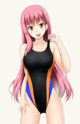 Rule 34 | 1girl, :d, adjusting clothes, adjusting swimsuit, brown eyes, collarbone, competition swimsuit, covered navel, fuuma nagi, long hair, looking at viewer, one-piece swimsuit, open mouth, original, pink hair, simple background, smile, solo, swimsuit, white background