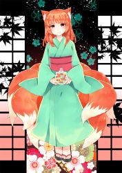 Rule 34 | 1girl, animal ear fluff, animal ears, blue kimono, blush, closed mouth, commentary request, commission, copyright request, floral background, flower, fox ears, fox tail, full body, highres, holding, japanese clothes, kimono, long sleeves, looking at viewer, medium hair, multiple tails, obi, orange eyes, orange hair, peachpii, sandals, sash, smile, solo, standing, tail, toenails, white flower, wide sleeves
