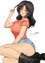 Rule 34 | 1girl, ass, black footwear, black hair, blue shorts, blush, boots, breasts, bukkuri, dated, el (girls und panzer), girls und panzer, grey eyes, highres, large breasts, looking at viewer, medium hair, open mouth, shiny skin, short shorts, shorts, simple background, smile, solo, white background