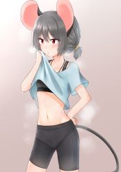 Rule 34 | 1girl, animal ears, bike shorts, black shorts, black sports bra, blue shirt, breasts, clothes lift, commentary, contemporary, cowboy shot, dakuazu, gradient background, grey background, grey hair, hand on own hip, highres, jewelry, lifting own clothes, looking to the side, midriff, mouse ears, mouse tail, navel, nazrin, necklace, parted lips, red eyes, shirt, shirt lift, short hair, short sleeves, shorts, small breasts, solo, sports bra, standing, steam, sweat, tail, touhou, wiping sweat