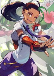 Rule 34 | 1girl, black bag, black hair, brown eyes, collared shirt, creatures (company), eyelashes, game freak, gloves, green hair, highres, holding, holding poke ball, long hair, meowscarada, mixed-language commentary, multicolored hair, necktie, nemona (pokemon), nintendo, open mouth, outstretched arm, pantyhose, poke ball, poke ball (basic), pokemon, pokemon sv, ponytail, purple necktie, purple shorts, red eyes, red gloves, rumie, school uniform, shirt, short sleeves, shorts, single glove, smile, teeth, two-tone hair, uva academy school uniform, white shirt