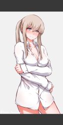Rule 34 | 10s, 1girl, absurdres, blue eyes, blush, breasts, brown hair, cleavage, disco brando, dress shirt, graf zeppelin (kancolle), highres, kantai collection, letterboxed, long hair, long sleeves, looking at viewer, medium breasts, naked shirt, shirt, simple background, sketch, smile, solo, white shirt