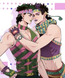 Rule 34 | 2boys, battle tendency, belt, blue scarf, chinese commentary, collar, commentary request, crop top, family, fingerless gloves, gloves, grandfather and grandson, green eyes, green hair, green lips, headband, highres, jojo no kimyou na bouken, jonathan joestar, joseph joestar, joseph joestar (young), male focus, midriff, multicolored clothes, multicolored scarf, multiple belts, multiple boys, official alternate costume, phantom blood, purple eyes, purple lips, scarf, shirt, spadelake, striped clothes, striped scarf, striped shirt, time paradox, triangle print, vertical-striped clothes, vertical-striped scarf, watch, wing collar, wristwatch, yellow scarf