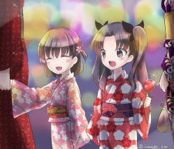 Rule 34 | 2girls, brown hair, candy apple, child, fate/stay night, fate/zero, fate (series), food, iwanaga tm, japanese clothes, kimono, matou sakura, multiple girls, short twintails, siblings, sisters, tohsaka rin, twintails