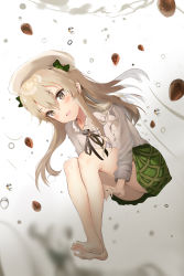 Rule 34 | 1girl, absurdres, air bubble, barefoot, beret, black bow, black ribbon, blurry, blurry foreground, bow, brown eyes, bubble, casual, collared shirt, commentary, crossed ankles, girls und panzer, green skirt, hat, hat bow, highres, leg hold, light brown hair, long hair, looking at viewer, miniskirt, neck ribbon, one side up, open mouth, plaid, plaid skirt, pleated skirt, ribbon, shimada arisu, shirt, skirt, smile, solo, underwater, white hat, white shirt, yuki (best010409)