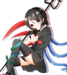 Rule 34 | 1girl, abe suke, animal, armlet, asymmetrical wings, black dress, black hair, blush, bow, bow legwear, bowtie, collar, dress, frilled collar, frilled shirt collar, frills, highres, holding, holding weapon, houjuu nue, looking at viewer, pointy ears, polearm, red bow, red bowtie, red eyes, short hair, short sleeves, sidelocks, simple background, smile, snake, solo, tareme, thighhighs, thighs, touhou, trident, weapon, white background, wings