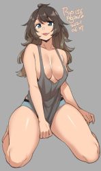 Rule 34 | 1girl, 2021, :p, agawa ryou, artist name, bare shoulders, breasts, cleavage, dated, green eyes, grey background, large breasts, long hair, looking at viewer, original, seiza, signature, simple background, sitting, solo, spread legs, thighs, tongue, tongue out