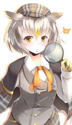Rule 34 | 10s, 1girl, :3, absurdres, blonde hair, capelet, commentary request, eurasian eagle owl (kemono friends), gloves, hair between eyes, hat, highres, japari symbol, kanzakietc, kemono friends, light brown hair, long sleeves, looking at viewer, magnifying glass, multicolored hair, orange eyes, orange neckwear, plaid, simple background, smile, solo, v-shaped eyebrows, white background, yellow gloves
