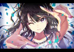 Rule 34 | 1girl, black hair, bra strap, collarbone, confetti, english text, fingernails, idolmaster, idolmaster shiny colors, kazano hiori, letterboxed, long hair, looking at viewer, nail polish, one eye closed, outstretched arms, pink nails, purple eyes, shirt, short sleeves, solo, upper body, white shirt, yae (mono110)