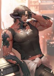 Rule 34 | 1boy, absurdres, au ra, bare arms, bare shoulders, biceps, black camisole, camisole, copyright name, covered erect nipples, cowboy shot, fictional persona, final fantasy, final fantasy xiv, hajun (hey sangha), highres, huge filesize, male focus, midriff peek, muscular, muscular male, nipples, pants, parted bangs, pectorals, see-through, solo, stomach, warrior of light (ff14)