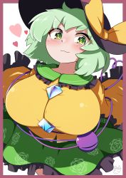 Rule 34 | 1girl, absurdres, alternate breast size, blush, border, bow, breasts, floral print, frills, green eyes, green hair, green skirt, hat, hat bow, heart, highres, komeiji koishi, large breasts, long sleeves, looking at viewer, polyhedron2, shirt, short hair, skirt, smile, solo, third eye, touhou, wide sleeves