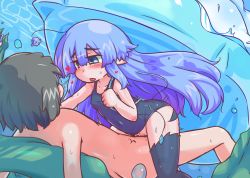 Rule 34 | 1boy, 1girl, aoihitsuji, asphyxiation, blue eyes, blue hair, blush, brown hair, clothed female nude male, cowgirl position, drowning, flat chest, girl on top, heart, hetero, jellyfish, long hair, looking at another, monster, monster girl, nude, one-piece swimsuit, original, pointy ears, sex, straddling, swimsuit, underwater, vaginal, very long hair, w&aacute;ter