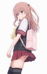Rule 34 | 1girl, backpack, bag, bow, bowtie, female focus, from side, frown, hair between eyes, heart, highres, inui sajuna, long hair, looking at viewer, mikazuchi zeus, panties, pantyshot, pink hair, pleated skirt, purple eyes, red skirt, simple background, skirt, solo, sono bisque doll wa koi wo suru, striped clothes, striped thighhighs, thighhighs, thighs, two side up, underwear, white background, white panties, yellow bow, yellow bowtie