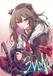 Rule 34 | animal ears, arknights, bear ears, blue eyes, brown hair, character name, chewing gum, collar, earphones, highres, looking at viewer, potato tacos, red thighhighs, sitting, solo, thighhighs, zima (arknights)