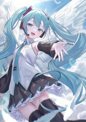 Rule 34 | 1girl, absurdres, aqua eyes, aqua hair, aqua necktie, armpits, bare shoulders, black skirt, black sleeves, black thighhighs, blue sky, cloud, cloudy sky, collared shirt, commentary request, detached sleeves, feathered wings, feathers, grey shirt, hair ornament, hatsune miku, headphones, headset, highres, light blush, long hair, looking at viewer, microphone, necktie, open mouth, outdoors, outstretched hand, pleated skirt, shirt, skirt, sky, sleeveless, sleeveless shirt, solo, sunlight, thighhighs, twintails, very long hair, vocaloid, vs0mr, white feathers, wide sleeves, wings, zettai ryouiki