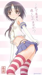 Rule 34 | 10s, 1girl, ass, bare shoulders, black hair, black panties, blue skirt, blush, brown eyes, cosplay, crop top, elbow gloves, entershell, gloves, headband, highleg, highleg panties, kantai collection, looking at viewer, microskirt, midriff, nagara (kancolle), neckerchief, panties, pleated skirt, sailor collar, shimakaze (kancolle), shimakaze (kancolle) (cosplay), skirt, solo, striped background, striped clothes, striped thighhighs, thighhighs, translated, twitter username, underwear, white gloves