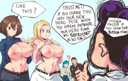 Rule 34 | 2boys, 3girls, ?, blonde hair, blue eyes, blue sweater, blush, boku no hero academia, breasts, brown eyes, brown hair, clothes lift, english text, green hair, groin, highres, large breasts, lewdamone, long hair, mandalay (boku no hero academia), mineta minoru, multiple boys, multiple girls, navel, nipples, no bra, no pupils, open mouth, pink eyes, pink shirt, pixie-bob (boku no hero academia), purple hair, ragdoll (boku no hero academia), shirt, shirt lift, short hair, spoken question mark, sweater, thumbs up, tiger (boku no hero academia), white shirt