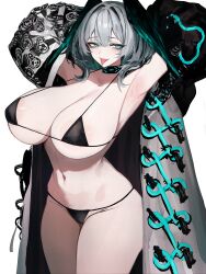 Rule 34 | 1girl, absurdres, aqua eyes, areola slip, arknights, armpits, arms behind head, arms up, bags under eyes, bikini, black bikini, black collar, black wings, breasts, cleavage, collar, commentary request, cowboy shot, grey hair, head wings, highres, ho&#039;olheyak (arknights), huge breasts, infection monitor (arknights), jacket, looking at viewer, micro bikini, navel, open clothes, open jacket, presenting armpit, short hair, simple background, slit pupils, solo, stomach, swimsuit, thighs, tongue, tongue out, vxdrq, white background, wings