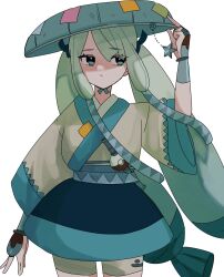 Rule 34 | 1girl, adjusting clothes, adjusting headwear, aqua hair, arm at side, blue eyes, blue hair, blue hat, blue skirt, bright pupils, closed mouth, commentary, creatures (company), eyes visible through hair, flute, frown, game freak, hat, hat ornament, hatsune miku, highres, instrument, japanese clothes, kimono, legs apart, long hair, looking to the side, miniskirt, multicolored hair, nintendo, poke flute, pokemon, project voltage, sandogasa, shorts, shorts under skirt, simple background, skirt, solo, standing, star (symbol), star hat ornament, steel miku (project voltage), tanzaku, twintails, two-tone hair, very long hair, vocaloid, white background, white hair, white kimono, white pupils, white shorts, wide sleeves, ziraigirl