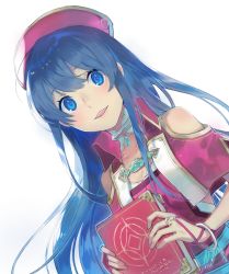 Rule 34 | 1girl, aisutabetao, blue eyes, blue hair, book, bracelet, fire emblem, fire emblem: the binding blade, hat, highres, holding, holding book, jewelry, lilina (fire emblem), long hair, nintendo, parted lips, red hat, simple background, solo, upper body, white background
