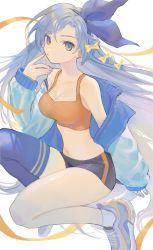 Rule 34 | 1girl, black shorts, blue eyes, blue hair, blue jacket, blue nails, blue ribbon, blue thighhighs, bow, breasts, cleavage, closed mouth, commission, fujie-yz, hair bow, hair ribbon, highres, jacket, long hair, medium breasts, midriff, bae minah (chaesu), nail polish, off shoulder, open clothes, open jacket, original, ribbon, shoes, shorts, simple background, single thighhigh, skeb commission, sneakers, socks, solo, sports bra, thighhighs, white background, white socks, yellow bow